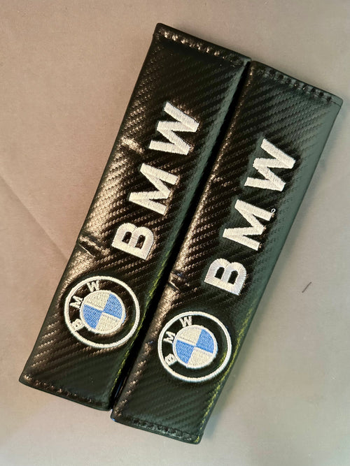 2x Black/White Carbon Fiber Look Seatbelt Covers | for BMW image 0