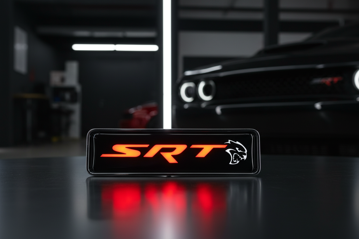 LED Glowing Grille Emblem for SRT Hellcat in dramatic automotive setting